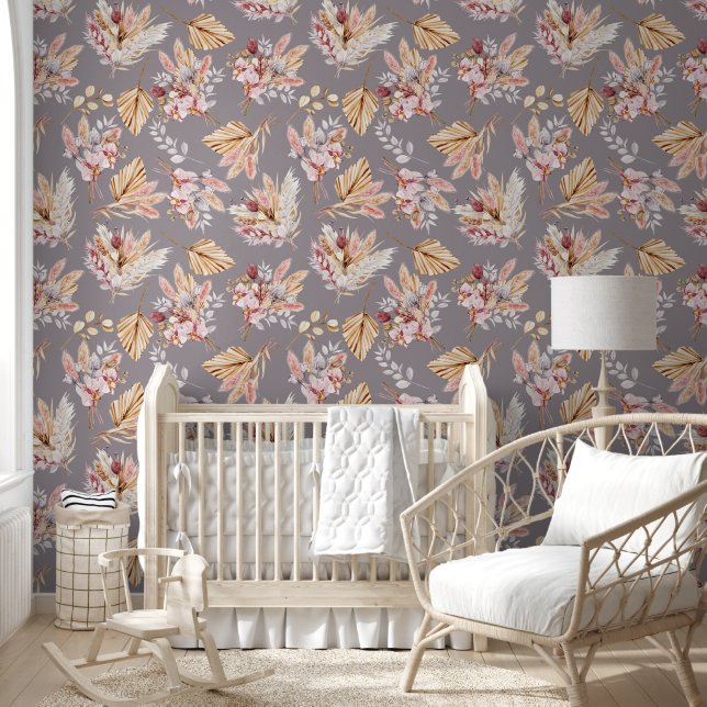 Pampas grass beige pink gray floral pattern wallpaper  (Kids)