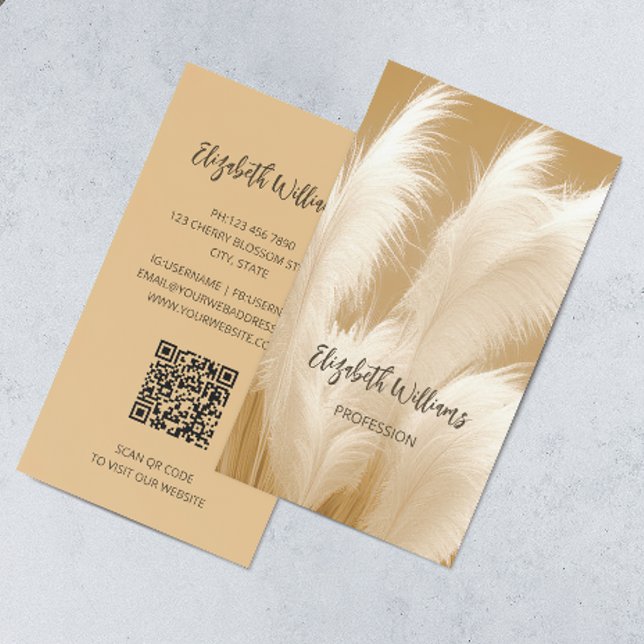Pampas Grass Beige Sepia Photo | QR  Code Business Card (Creator Uploaded)