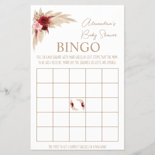 Pampas Grass Bingo Baby Shower Game Card Flyer (Front)