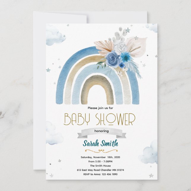 Pampas Grass blue boho rainbow invitation (Front)