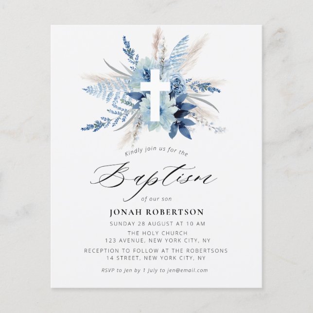pampas grass blue floral cross baptism invitation (Front)