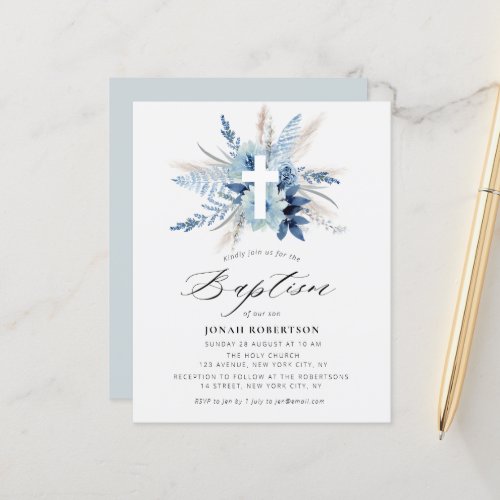 pampas grass blue floral cross baptism invitation