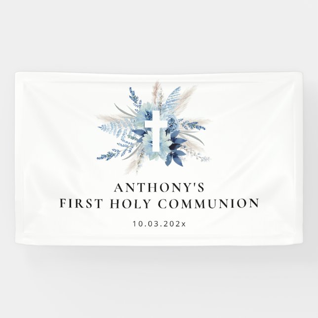 pampas grass blue floral first communion sign (Horizontal)