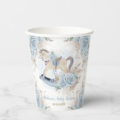 Pampas Grass Blue Floral Rocking Horse Baby Shower Paper Cups