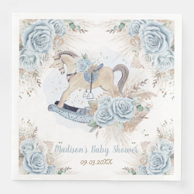 Pampas Grass Blue Floral Rocking Horse Baby Shower Paper Dinner Napkins (Front)