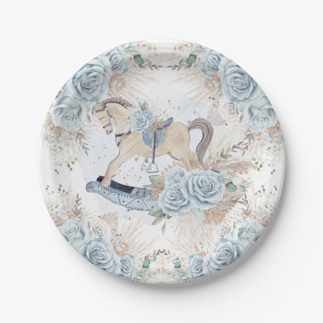 Pampas Grass Blue Floral Rocking Horse Baby Shower Paper Plates (Front)