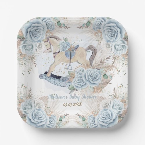 Pampas Grass Blue Floral Rocking Horse Baby Shower Paper Plates
