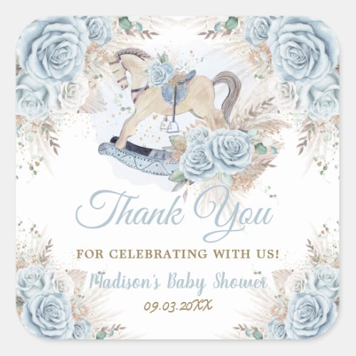 Pampas Grass Blue Floral Rocking Horse Baby Shower Square Sticker