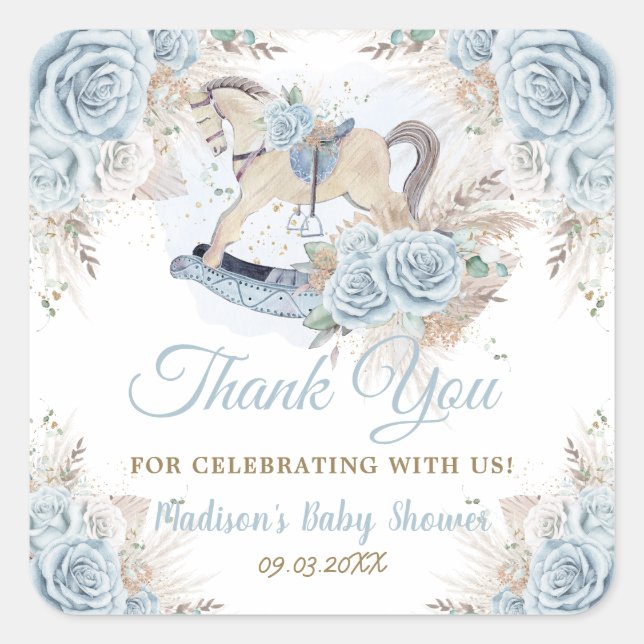 Pampas Grass Blue Floral Rocking Horse Baby Shower Square Sticker (Front)