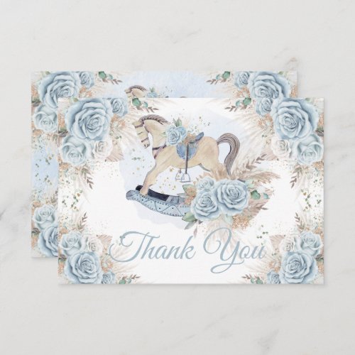 Pampas Grass Blue Floral Rocking Horse Baby Shower Thank You Card