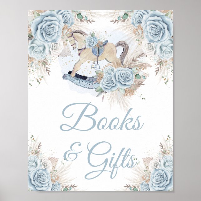 Pampas Grass Blue Floral Rocking Horse Books Gifts Poster (Front)