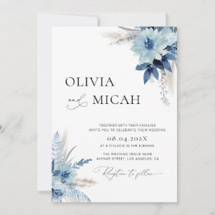 pampas grass blue floral wedding invitation