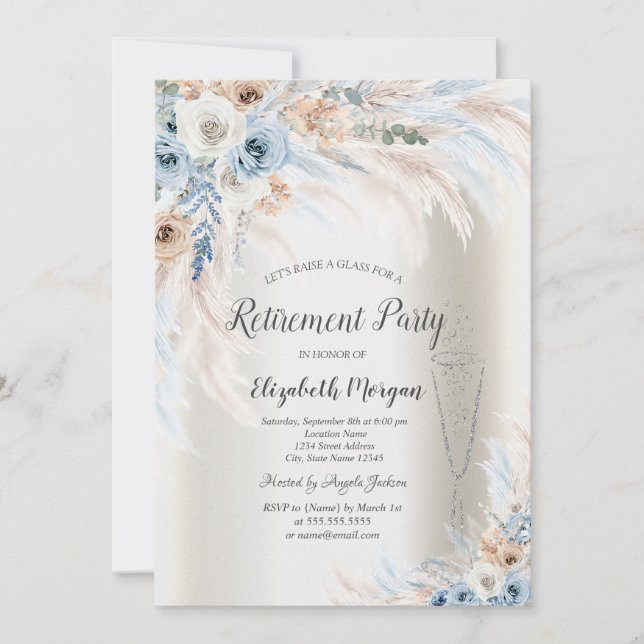 Pampas Grass Blue Roses Glass Ivory Retirement  Invitation (Front)