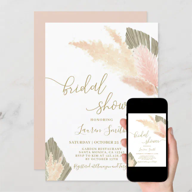 Pampas Grass Blush Bridal Shower Invitation Zazzle