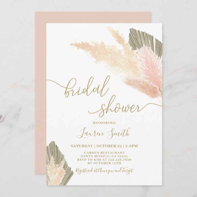 Pampas Grass blush Bridal Shower Invitation (Front/Back)