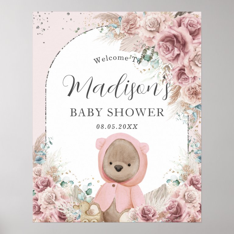 Pampas Grass Blush Floral Cute Teddy Bear Arch Poster