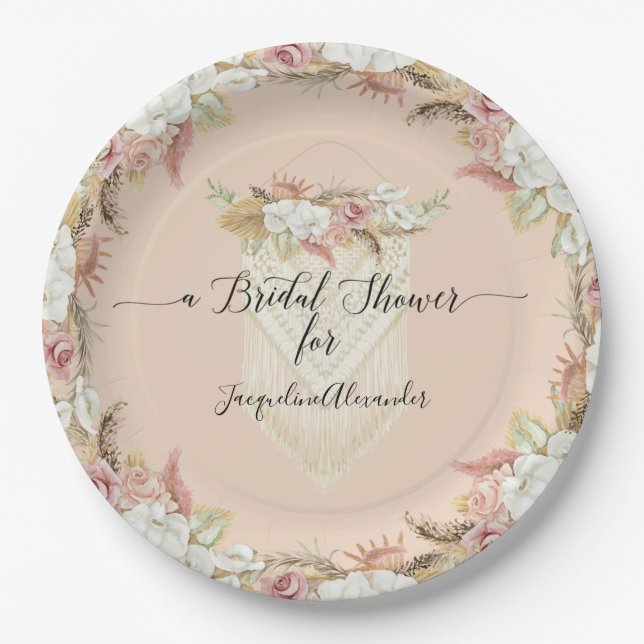Pampas Grass Blush Floral Foliage Bridal Shower Paper Plates (Front)