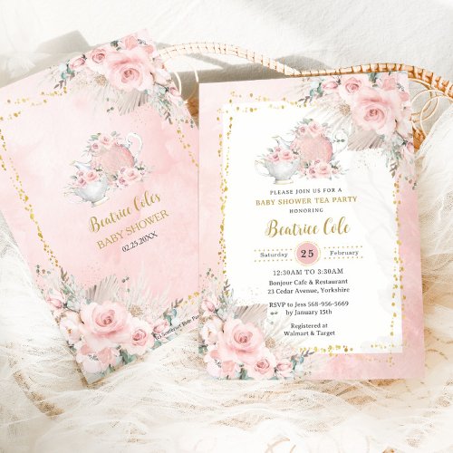Pampas Grass Blush Floral Tea Party Baby Shower  Invitation