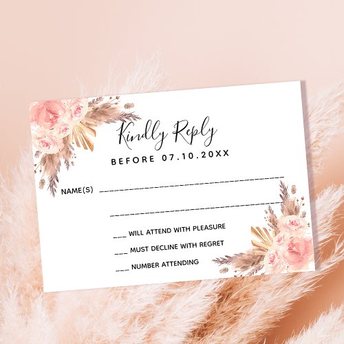 Pampas grass blush florals boho wedding RSVP