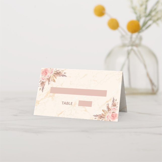 Pampas grass blush florals marble wedding place card (Front)
