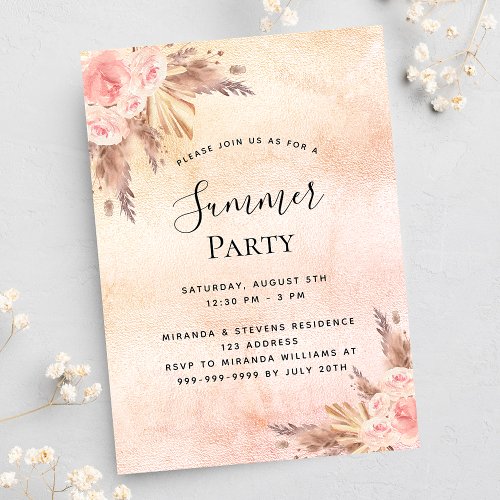 Pampas grass blush florals summer outdoor party invitation postcard