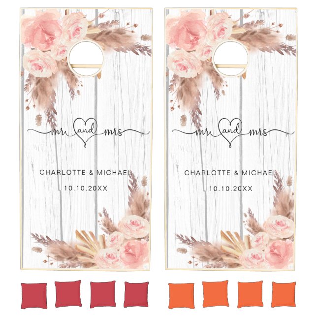 Pampas grass blush florals white wood boho wedding cornhole set (Set)