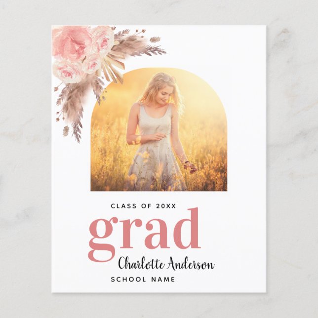Pampas grass blush graduation announcement card (Front)