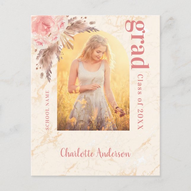Pampas grass blush graduation announcement card (Front)