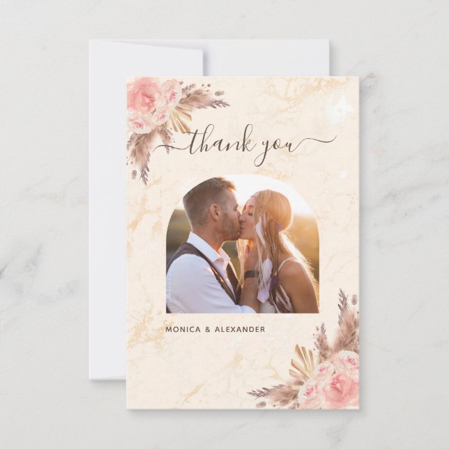 Pampas grass blush marble photo boho wedding thank you card (Front)