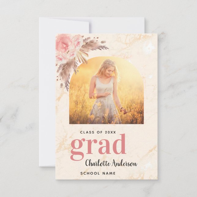 Pampas grass blush marble photo graduation thank you card (Front)