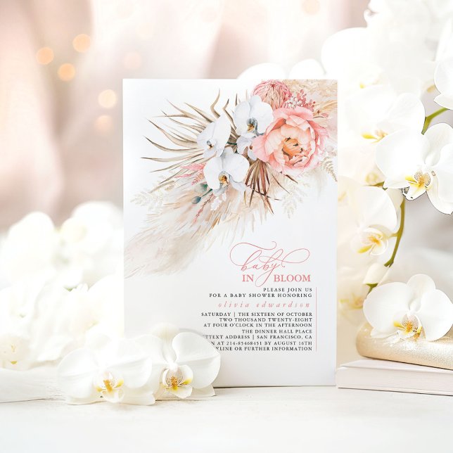 Pampas Grass Blush Pink Baby in Bloom Baby Shower Invitation (Baby in Bloom Pink Flowers, White Orchids and Pampas Grass Baby Shower Invitations)