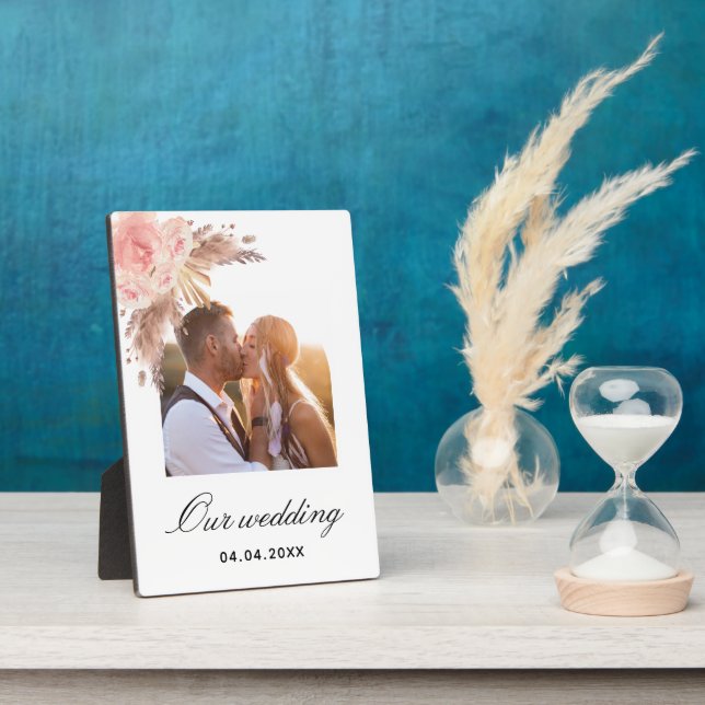 Pampas grass blush pink floral boho wedding plaque (Side)