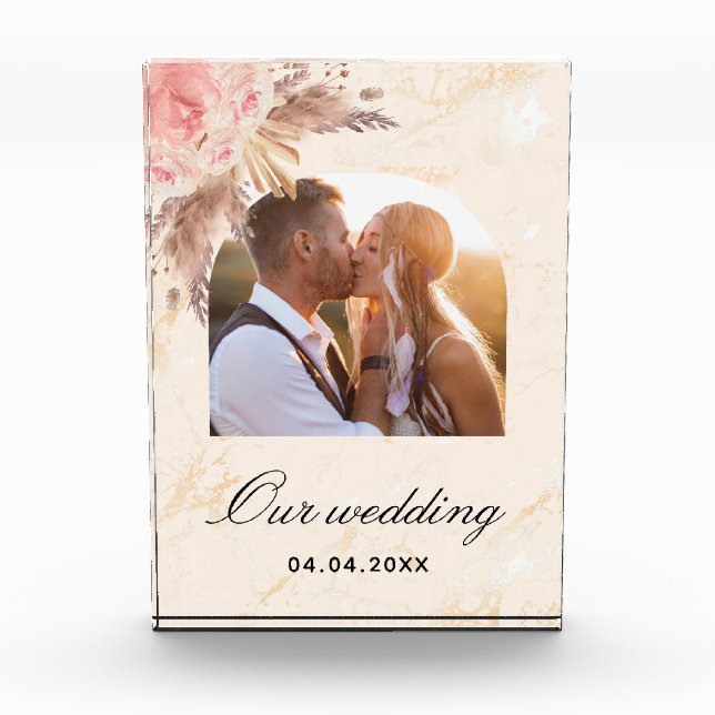 Pampas grass blush pink floral marble wedding acrylic award (Front)