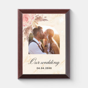 Pampas grass blush pink floral marble wedding award plaque