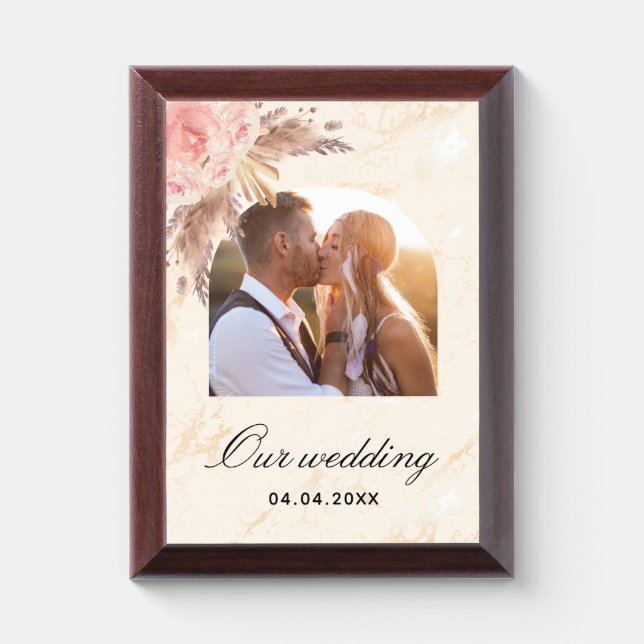 Pampas grass blush pink floral marble wedding award plaque (Vertical)