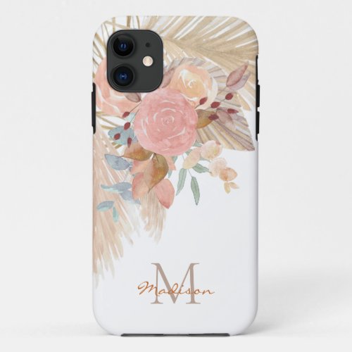 Pampas Grass Blush Pink Floral Monogram iPhone 11 Case