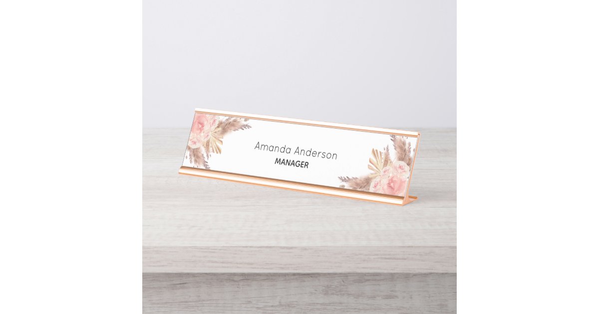 Pampas grass blush pink floral monogram desk name plate | Zazzle