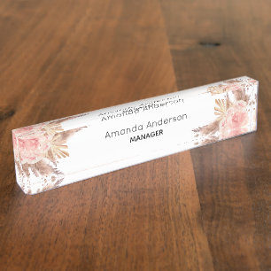 Pampas grass blush pink floral monogram desk name plate