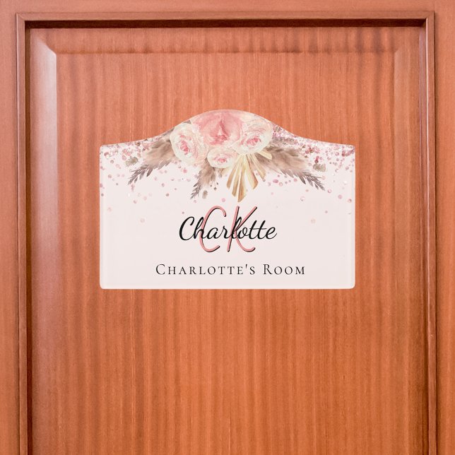 Pampas grass blush pink floral monogram name  door sign (Creator Uploaded)