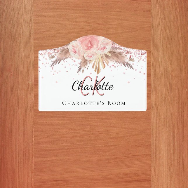 Pampas grass blush pink floral monogram name door sign (Creator Uploaded)