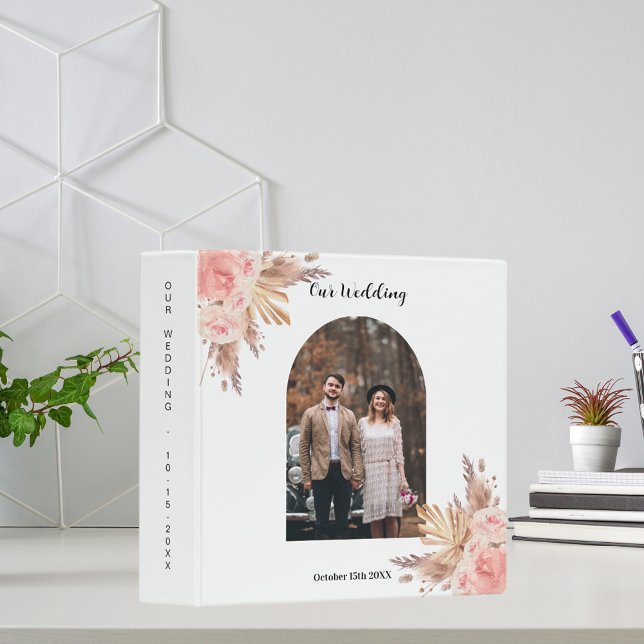 Pampas grass blush pink floral photo wedding album 3 ring binder (Creator Uploaded)