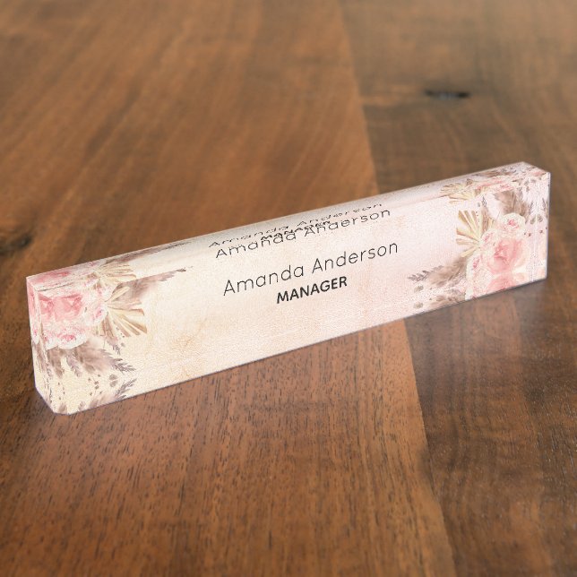 Pampas grass blush pink floral rose gold desk name plate (Side)
