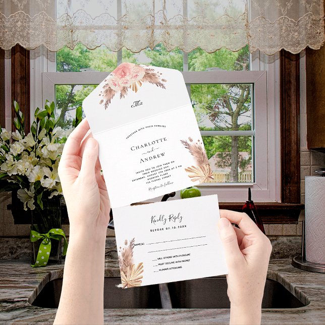 Pampas grass blush pink florals boho wedding all in one invitation (Creator Uploaded)