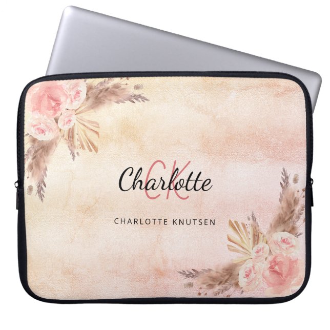 Pampas grass blush pink florals monogram laptop sleeve (Front)