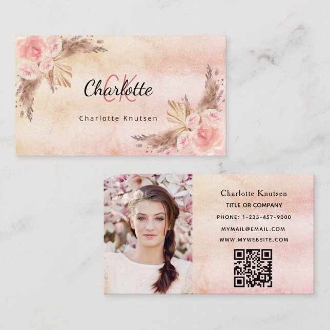 Pampas grass blush pink florals QR code photo Business Card (Front/Back)
