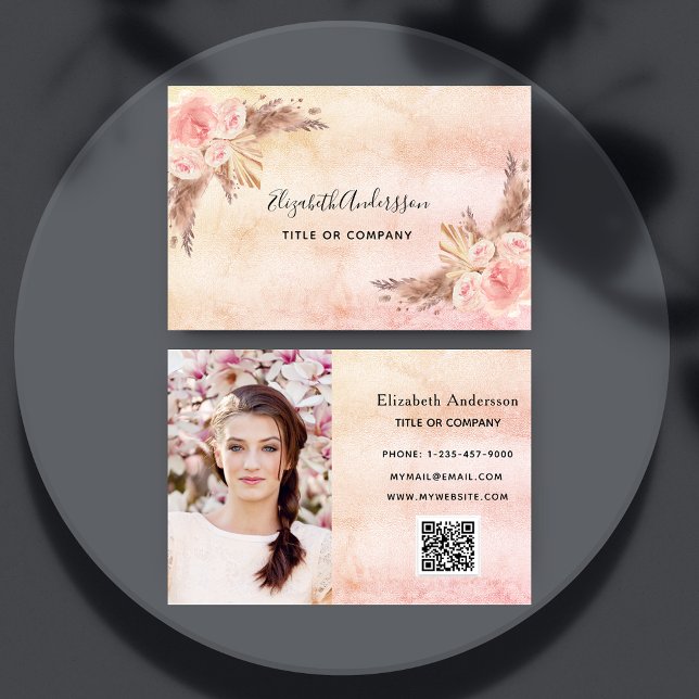 Pampas grass blush pink florals QR code photo Business Card (Creator Uploaded)