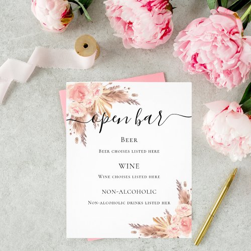 Pampas grass blush rose floral bar menu flyer