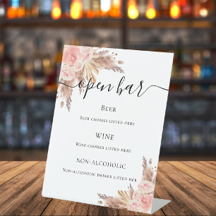 Pampas grass blush rose floral bar menu pedestal sign