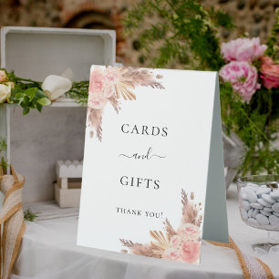 Pampas grass blush rose floral cards gifts table tent