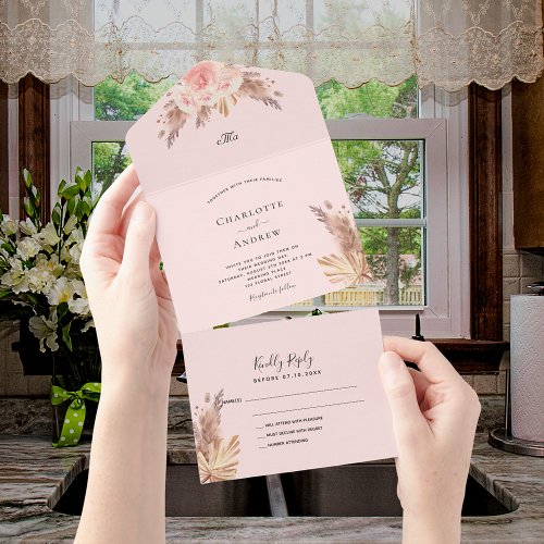 Pampas grass blush rose florals boho wedding all in one invitation